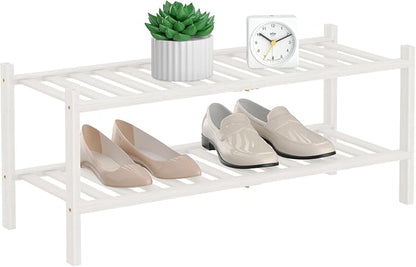RONGJlA 2 Tier Bamboo Shoe Rack for Closet Free Standing Wood Shoe Shelf Storage Organizer for Entryway Small Space Stackable, White