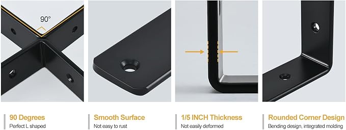 4 Pack - L 8" x H 6" x W1.5, 5mm Thick Black L Shelf Bracket, Iron Shelf Brackets, Metal Shelf Brackets, Floating Shelf, Shelf Supports with Screws