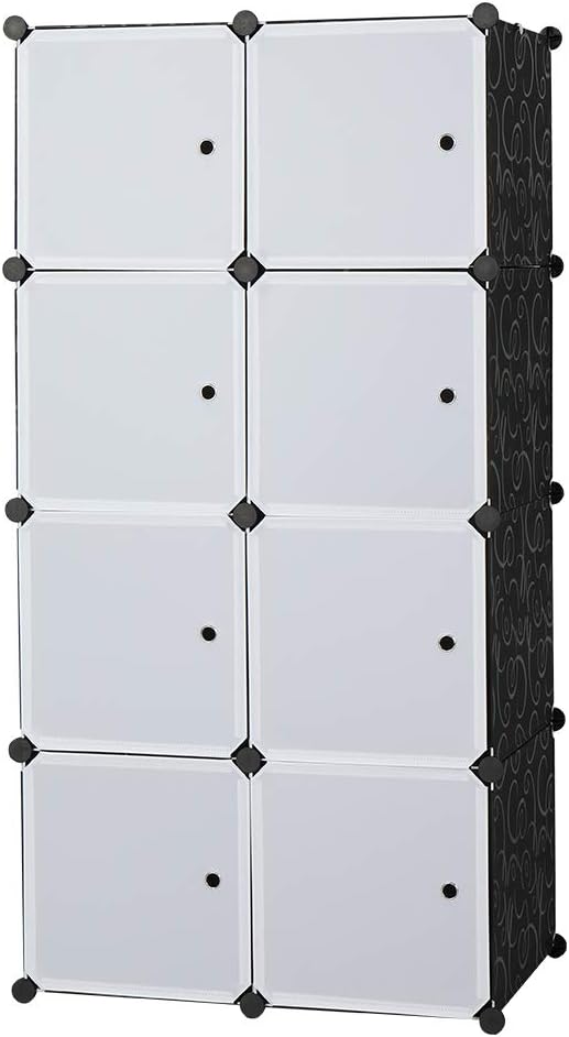 8 Cube Organizer Stackable Plastic Cube Storage Shelves Design Multifunctional Modular Closet Cabinet with Hanging Rod White Doors and Black Panels