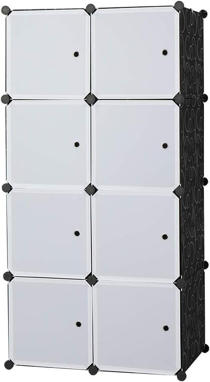 8 Cube Organizer Stackable Plastic Cube Storage Shelves Design Multifunctional Modular Closet Cabinet with Hanging Rod White Doors and Black Panels