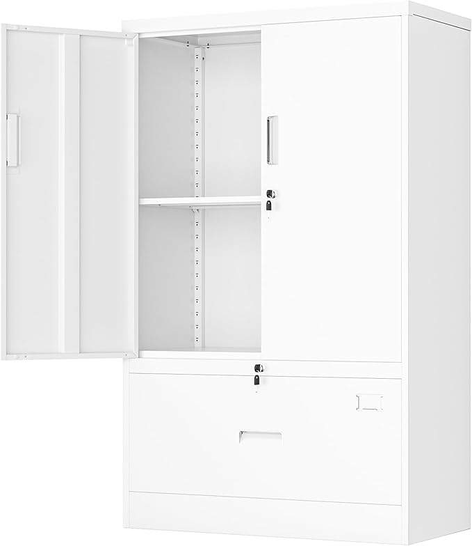INTERGREAT Metal Storage Cabinet with Drawer, 51” White File Cabinet with Doors and Shelves, Steel Lateral File Cabinet for Home Office Hanging Files Letter/Legal/F4/A4 Size