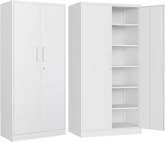 Metal Garage Storage Cabinet, 71" Locking Cabinet with 2 Doors and 5 Adjustable Shelves, White