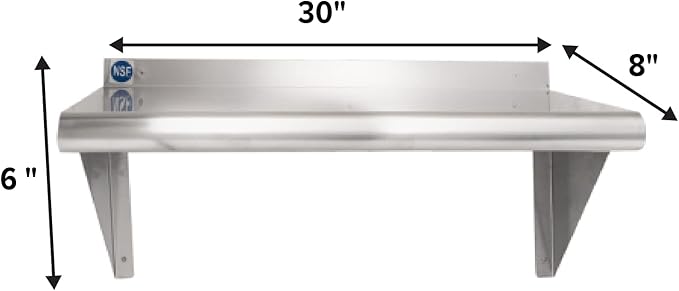 NSF Certified 18 Gauge Heavy Duty Stainless Steel Wall Shelf with Brackets for Kitchens, Utility Rooms, Storage, Offices & Home (30"x8")