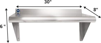 NSF Certified 18 Gauge Heavy Duty Stainless Steel Wall Shelf with Brackets for Kitchens, Utility Rooms, Storage, Offices & Home (30"x8")