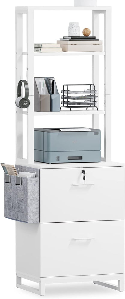Itaar 2 Drawer File Cabinet, Filing Cabinet with Lock fits Letter, Legal, A4 Size, File Cabinets for Home Office with Storage Bag, Open Shelf and Hook, White