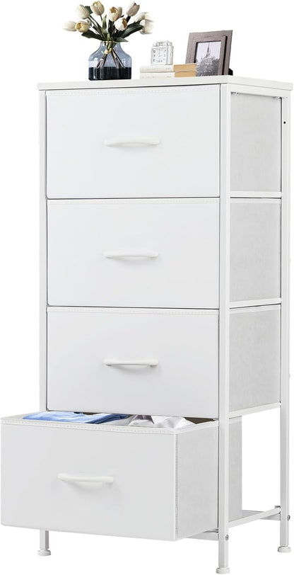 DUMOS Nightstand with 4 Drawers Bedside Table with Removable Fabric Bins Sturdy Steel Frame Wood Top Organizer Furniture for Bedroom Closet Living Room