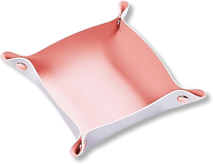 Leather Valet Tray for Men Women, Small Leather Catchall Desk Organizer, Key Holder for Entryway Table, Collapsible Travel Snap Tray (Silver + Pink)