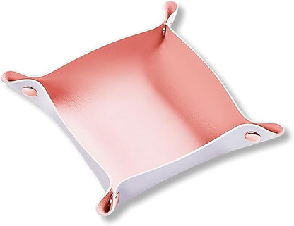 Leather Valet Tray for Men Women, Small Leather Catchall Desk Organizer, Key Holder for Entryway Table, Collapsible Travel Snap Tray (Silver + Pink)