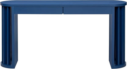 59-inch Long Console Table, Oak Veneer Sofa Table, Curved and Straight Line Design Couch, Farmhouse Entryway Table for Entrance, Hallway, Living Room (Navy Blue-J49)
