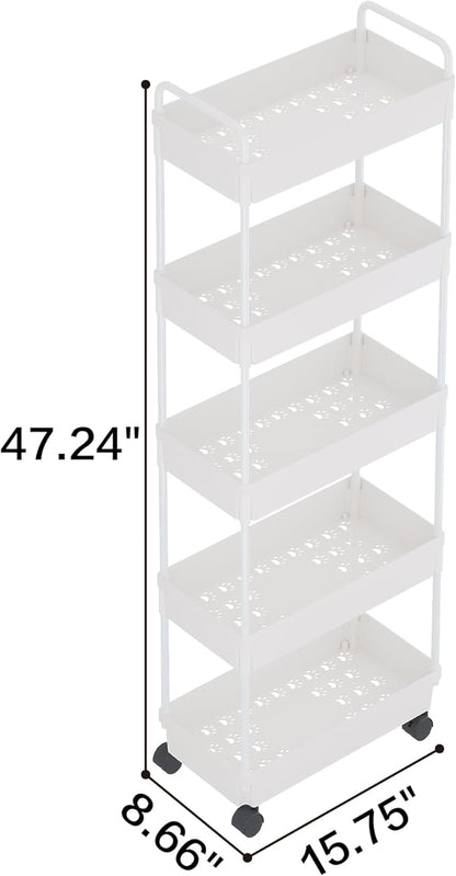 Buzowruil Rolling Storage Cart 5 Tier Organizer Mobile Shelving Unit Storage Rolling Utility Cart with Wheels for Kitchen Bathroom Laundry,White
