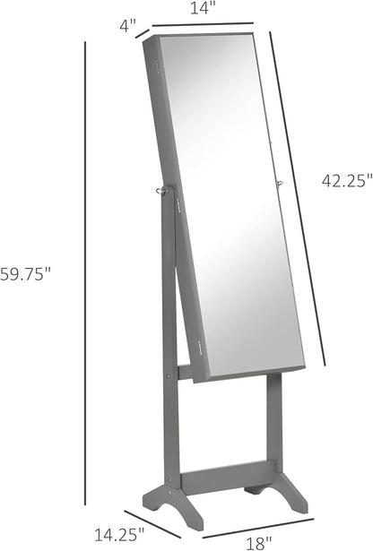 HOMCOM Floor Standing Jewelry Cabinet, Lockable Jewelry Organizer with Full-Length Mirror, and 3 Adjustable Angles, Grey