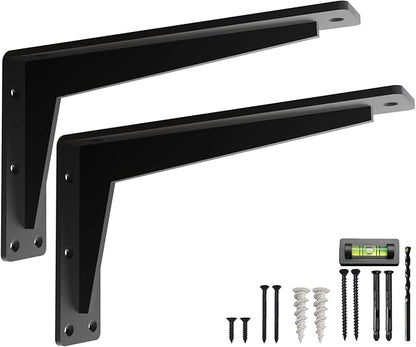 2 Pack Heavy Duty Shelf Brackets 12 Inch Mantel Decorative L Bracket for Shelves, Metal Shelf Support Bracket, Wall Mounted Granite Countertop Iron Corbels, Floating Black Shelving Brackets