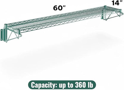 14" x 60" Green Wall-Mounted Wire Shelf with Epoxy Coating, Heavy-Duty Steel Storage Rack, NSF Certified, Easy Installation, Open Wire Design for Kitchen, Garage, or Utility Storage