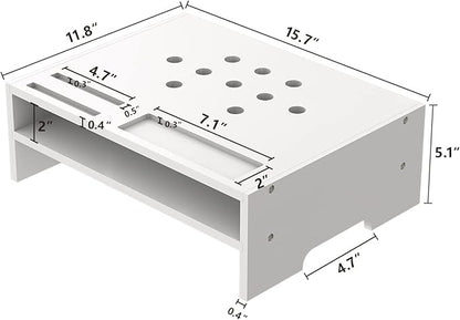 Bambloom Monitor Stand Riser with Storage Organizer Desktop with Cooling Holes Bamboo Laptop Riser Shelf for Office and Home Use 16.7x11.8x5 inch (White)