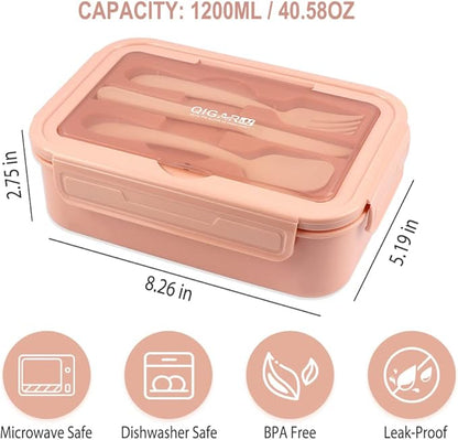 NatraProw Bento Box for Adult, 1400 ML Lunch Containers for Adults, LeakProof Lunch Box with Utensils, BPA Free, 3 Compartment Bento Box Microwave Safe, Light Pink