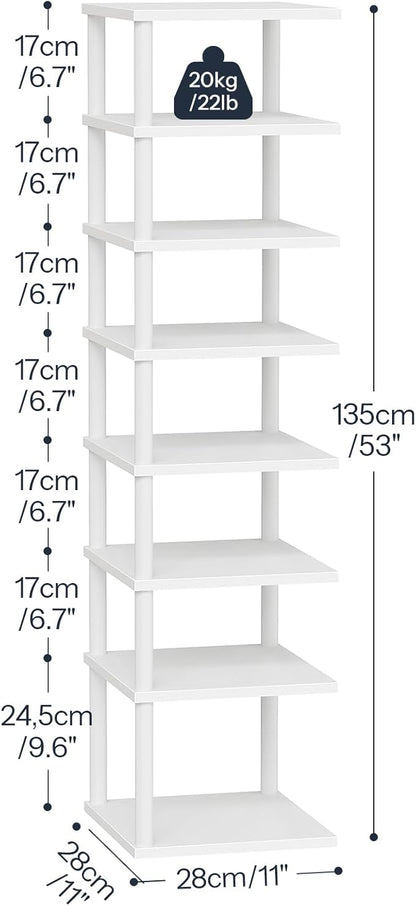 HOOBRO Vertical Shoe Rack, 8-Tier Narrow Shoe Shelf, Shoe Storage Organizer for Small Space, 11" L x 11" W x 53" H, Closet, Entryway, Hallway, Bedroom, White WW22XJ01