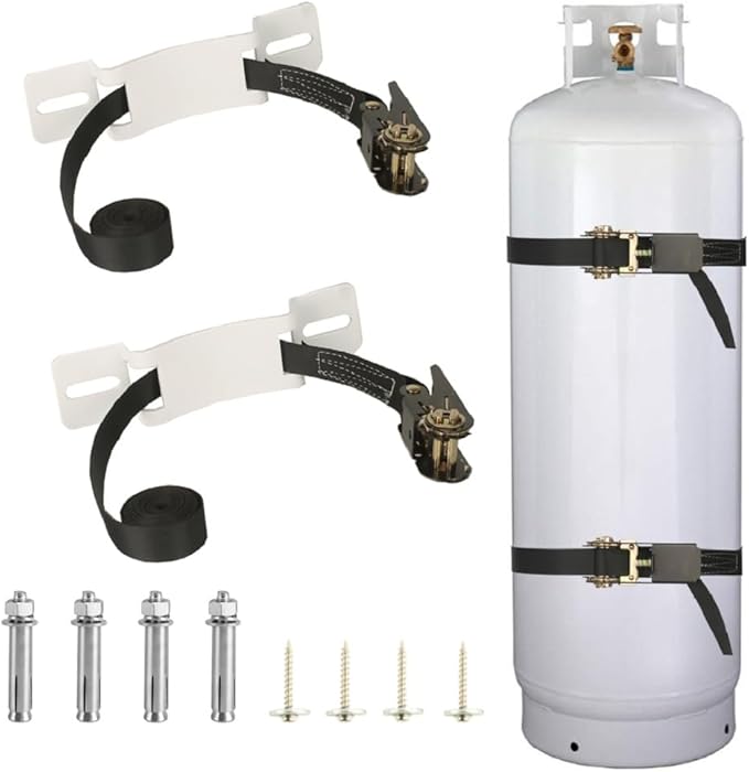 2PCS Propane Tank Holder，Oxygen Tank Holder，Propane Tank Storage,, with 6.6ft Ratchet Strap and Screws Suitable for rv Propane Tank Holder，Cylinder Wall Mounted Bracket (White) (White)