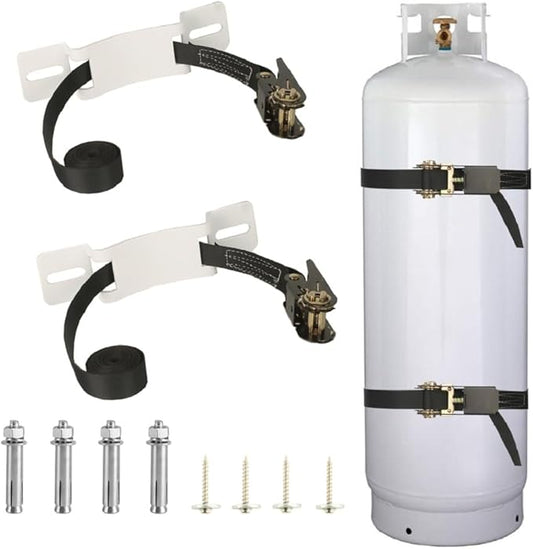 2PCS Propane Tank Holder，Oxygen Tank Holder，Propane Tank Storage,, with 6.6ft Ratchet Strap and Screws Suitable for rv Propane Tank Holder，Cylinder Wall Mounted Bracket (White) (White)