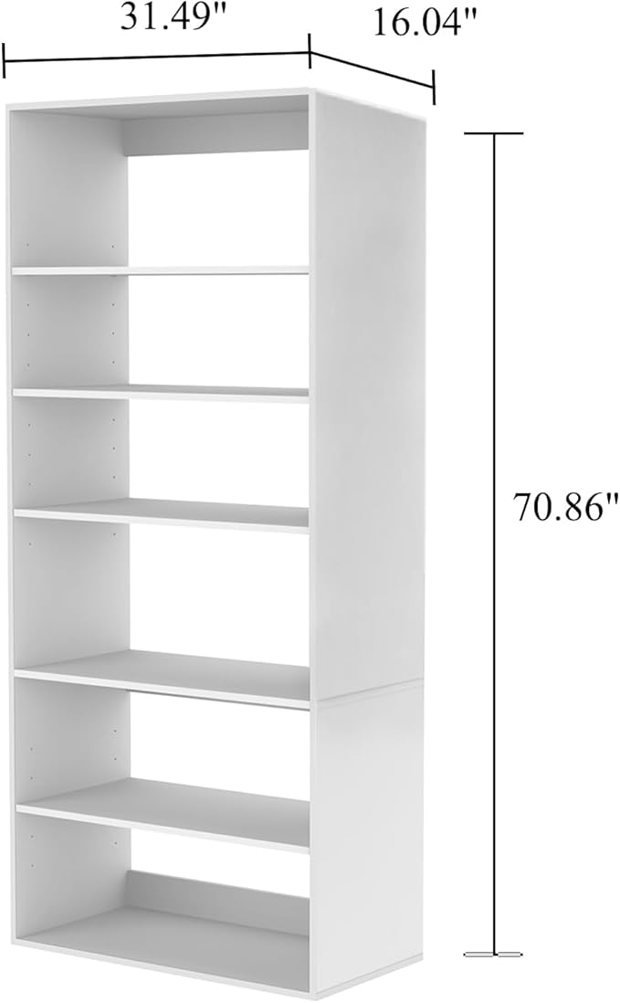 GraceGrove 71" High Modular Wooden Closet Organizer System with 6 Shelves &Storages, Wall Mount Shelving for Walk in Closet Bedroom Organization,Closet Organizers and Storage, White