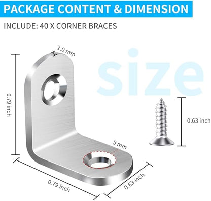 40pcs L Bracket Corner Brace, Stainless Steel Corner Bracket Fastener for Wood Chair Bookshelf Furniture Cabinet with 80pcs Screws (20mmx20mm)