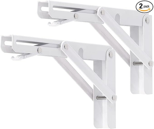 YUMORE Folding Shelf Brackets, 8 Inch Heavy Duty Collapsible Shelf Bracket, DIY L Bracket for Workbench Folding Table Hinge, Max Load: 300lb, White, 2 Pack