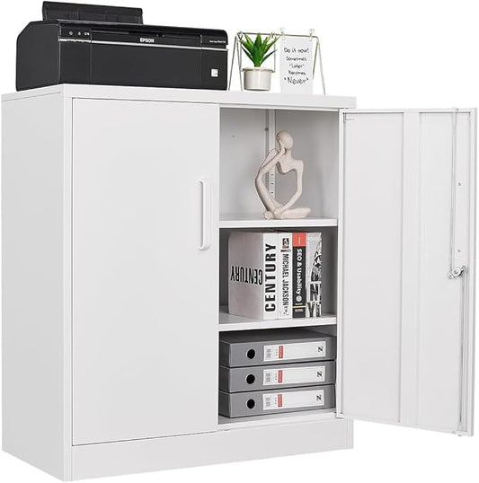 Metal Storage Cabinets with Locking Doors, 36 inch Lockable Steel Office Cabinet with Adjustable Shelves, Small Short Garage Caninet, White Locked Tool Caninets for Home, Office, Garage, Hallway