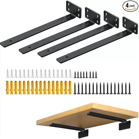 Alise Floating Shelf Brackets Black, 4 Pcs L Brackets for Shelves, 12'' Hidden Invisible Shelf Brackets, 1/5" Inch Thick Heavy Duty Metal Wall Shelf Support Corner Brackets for Home and Mounting Shelf