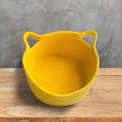 Woven Rope Basket with Cat Ears, Yellow, Round, 9.4 in
