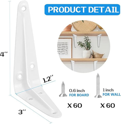 20 Pack Shelf Brackets 4 Inches White, Heavy Duty Steel Metal L Brackets for Shelves, J Brackets Wall Angel Corner Brace for Wood Board