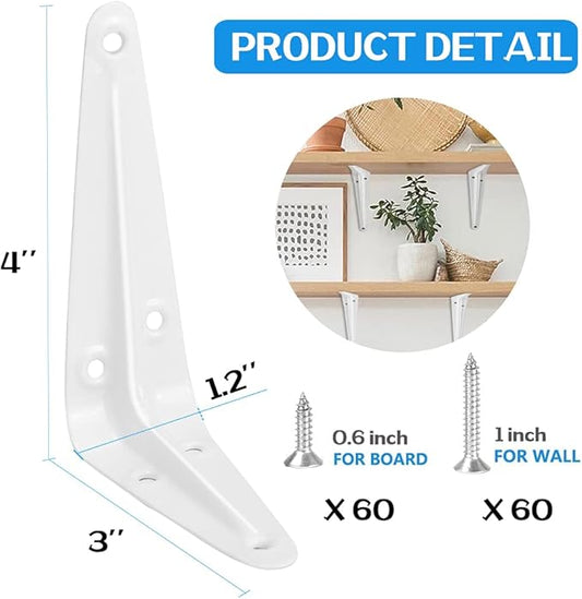 20 Pack Shelf Brackets 4 Inches White, Heavy Duty Steel Metal L Brackets for Shelves, J Brackets Wall Angel Corner Brace for Wood Board