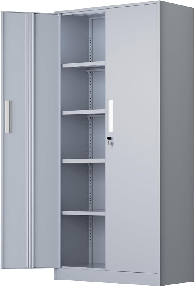 Bonusall 72" Metal Garage Storage Cabinet， Heavy-Duty Steel Cabinet with 2 Locking Doors & 5 Adjustable Shelves for Home, Office, or Workshop Organization(Cement Grey)