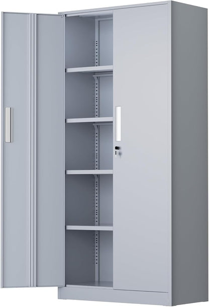 Bonusall 72" Metal Garage Storage Cabinet， Heavy-Duty Steel Cabinet with 2 Locking Doors & 5 Adjustable Shelves for Home, Office, or Workshop Organization(Cement Grey)