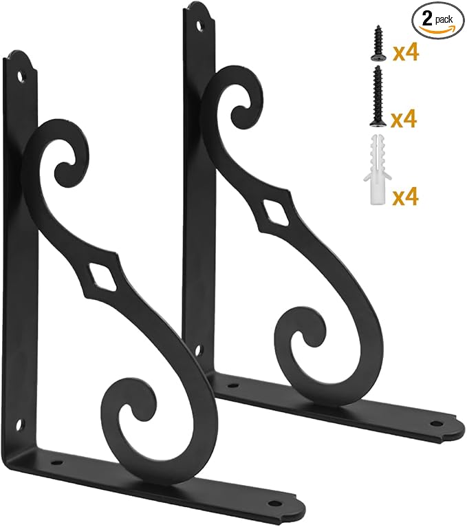 Yarssihha 10 Inch Decorative Shelf Brackets, 2 Pack Wall Mounted Metal Shelving Brackets, Heavy Duty Shelf Supports, Rustic L Shape Brackets for Floating Shelves DIY Home Kitchen, with Screws