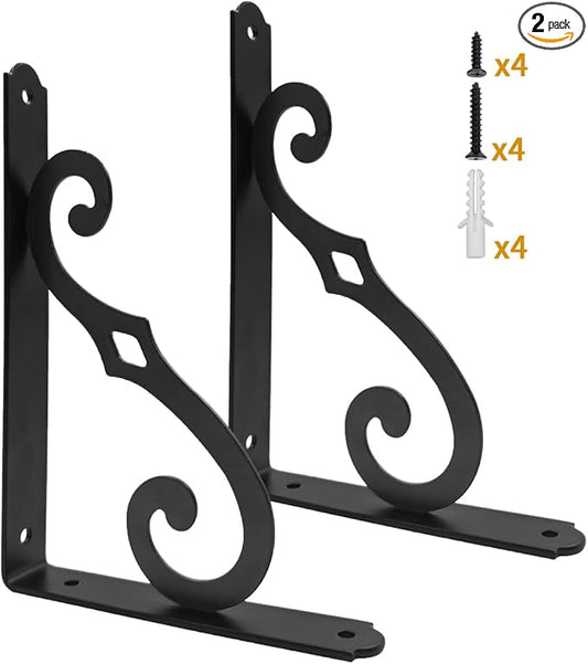 Yarssihha 10 Inch Decorative Shelf Brackets, 2 Pack Wall Mounted Metal Shelving Brackets, Heavy Duty Shelf Supports, Rustic L Shape Brackets for Floating Shelves DIY Home Kitchen, with Screws
