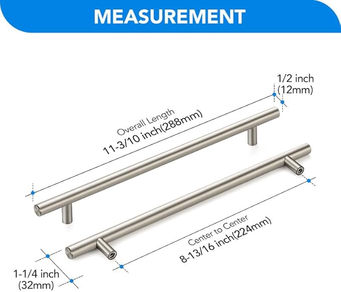 Brushed Nickel Cabinet Handles 8-3/4 Inch Hole Spacing Stainless Steel Drawer Pulls for Cabinets, Dresser, Bathroom 20 Pack