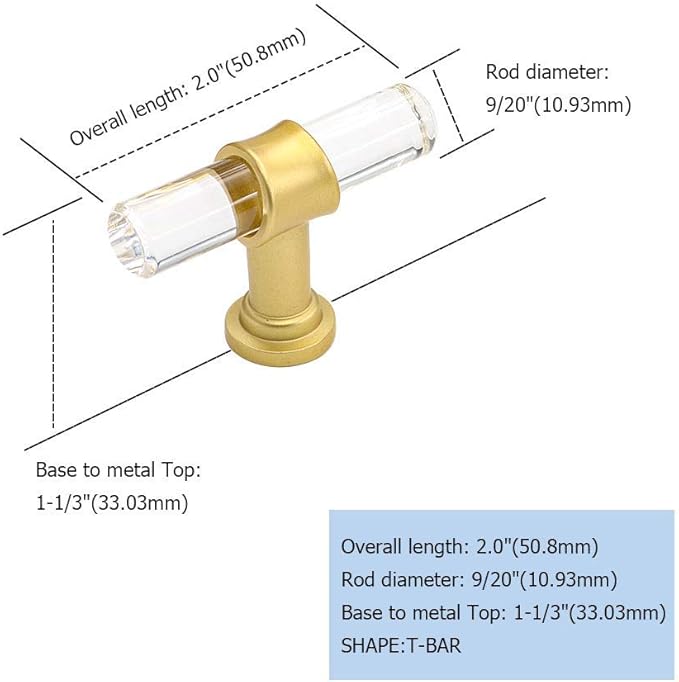 Goldenwarm 50 Pack Acrystal Cabinet Knobs Brushed Brass Drawer Knobs - LS9165GD Gold Crystal Clear Cabinet Handles Crystal Acrylic Dresser Pull Hardware