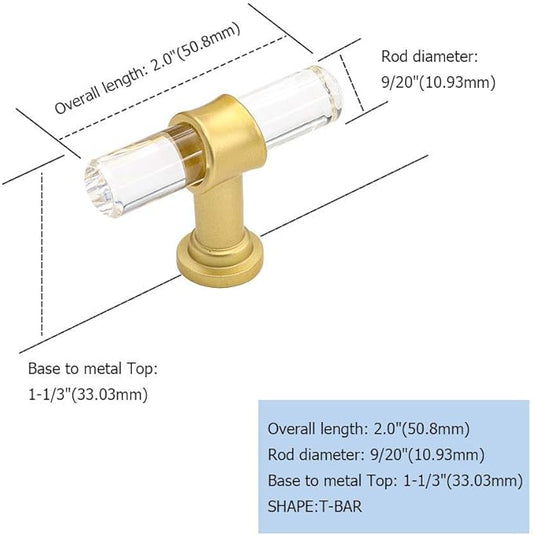 Goldenwarm Pack of 25 Bar Knobs Brushed Brass Drawer Knobs - LS9165GD Clear Acrylic T Bar Handles Gold Pulls for Cabinets Acrylic Cabinet Hardware Decorative Handles, Zinc Alloy Base