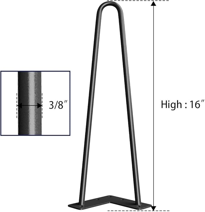 SMARTSTANDARD 16" Hairpin Furniture Legs, Metal Home DIY Projects for Nightstand, Coffee Table, Desk, etc with Rubber Floor Protectors Black 4PCS