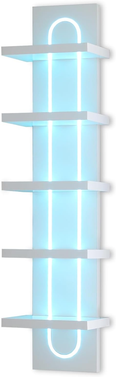 5 Tier Wall Shelf Unit with Light-Small Floating Shelves for Home Decor, Modern Unique Asymmetric Design for Bedroom & Living Room Storage