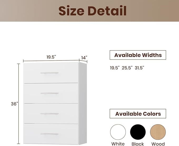 ROOMTEC 19.5" 4 Drawer Short Tower Closet Unit, Modular Closet System with Drawers and Shelf, Wardrobe Organizer for Bedroom or Walk-in Closet, Wall Mounted, Customizable Clothes Storage Unit, White