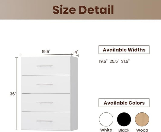 ROOMTEC 19.5" 4 Drawer Short Tower Closet Unit, Modular Closet System with Drawers and Shelf, Wardrobe Organizer for Bedroom or Walk-in Closet, Wall Mounted, Customizable Clothes Storage Unit, White