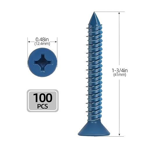 1/4" x 1-3/4" Concrete Screws, 100 PCS Blue Flat Head Concrete Screws Anchor Kit for Masonry, Cement, Block, Brick or Stucco