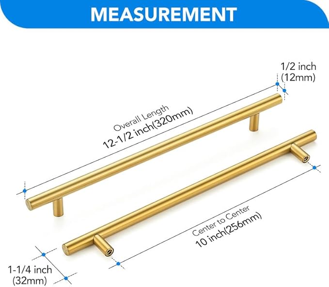 Brushed Brass Cabinet Handles 10 Inch Hole Spacing Stainless Steel Drawer Pulls for Cabinets, Dresser, Bathroom 5 Pack