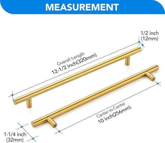 Brushed Brass Cabinet Handles 10 Inch Hole Spacing Stainless Steel Drawer Pulls for Cabinets, Dresser, Bathroom 5 Pack