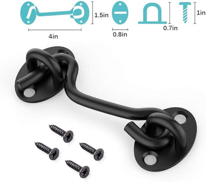 Barn Door Lock Gate Latch - 2 Pack 4 Inch Black Hook and Eye Latch Heavy Duty Screen Latches Hardware Stainless Steel Gate Lock Cabin Hooks for Sliding Door Bedroom Outdoor Window Cabinet Bathroom