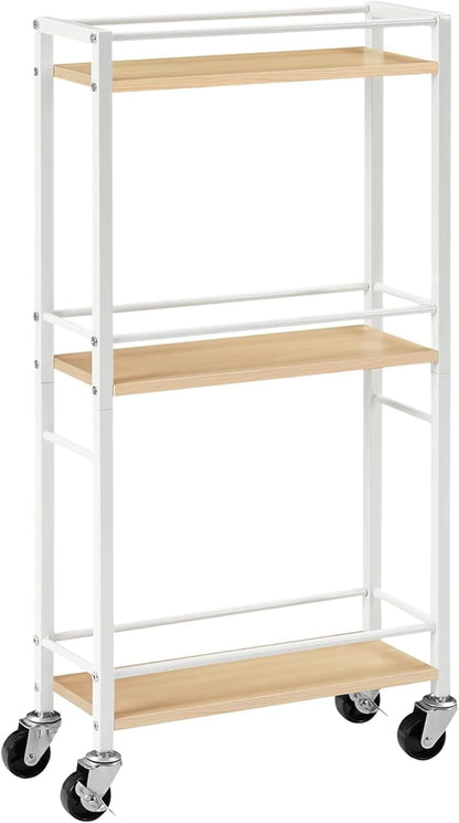 Slim Rolling Cart, Mobile Kitchen Cart on Wheels, Narrow Storage Cart for Small Space, Wooden Kitchen Storage Rack, for Bathroom, Laundry, Living Room, White RCBN1501