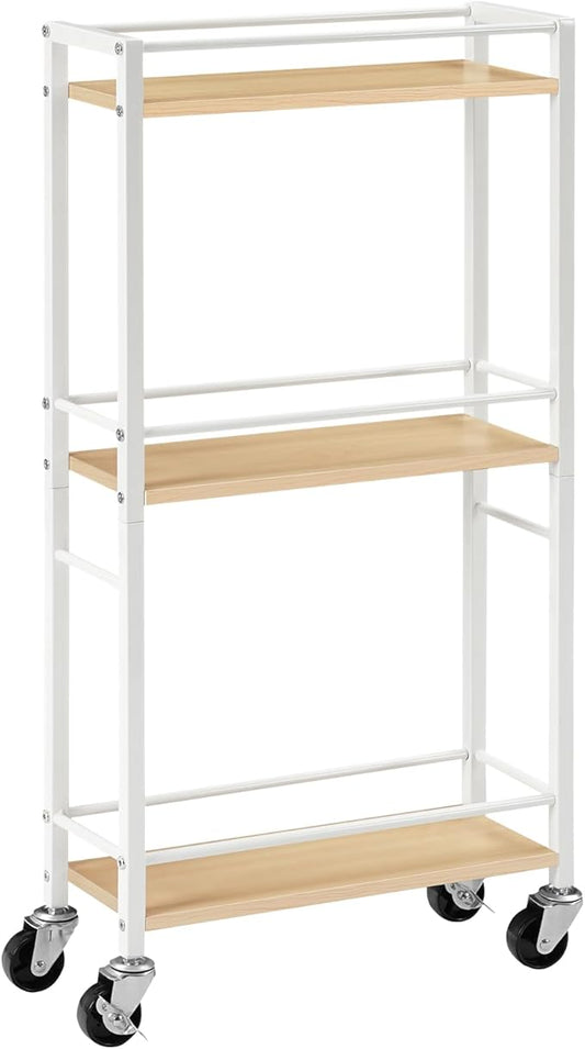 Slim Rolling Cart, Mobile Kitchen Cart on Wheels, Narrow Storage Cart for Small Space, Wooden Kitchen Storage Rack, for Bathroom, Laundry, Living Room, White RCBN1501