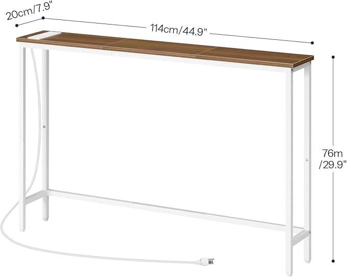 HOOBRO Narrow Console Table with Power Outlets, 44.9 Inches Sofa Table, Slim Behind Couch Table, Entryway Table with Display Shelf, for Living Room, Foyer, Hallway, Walnut and White WH114UXG01