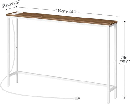 HOOBRO Narrow Console Table with Power Outlets, 44.9 Inches Sofa Table, Slim Behind Couch Table, Entryway Table with Display Shelf, for Living Room, Foyer, Hallway, Walnut and White WH114UXG01