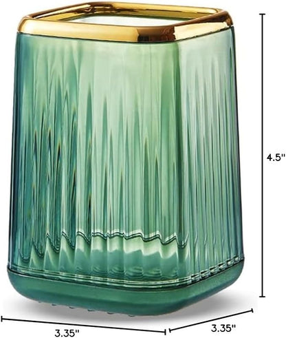 Makeup Brush Cup Holder Organizer for Vanity, Acrylic Vintage Green Make Up Brushes Holders Container Storage with Striped Design for Bathroom Countertop, Pen Pencil Holder Cosmetic Cup for Desk